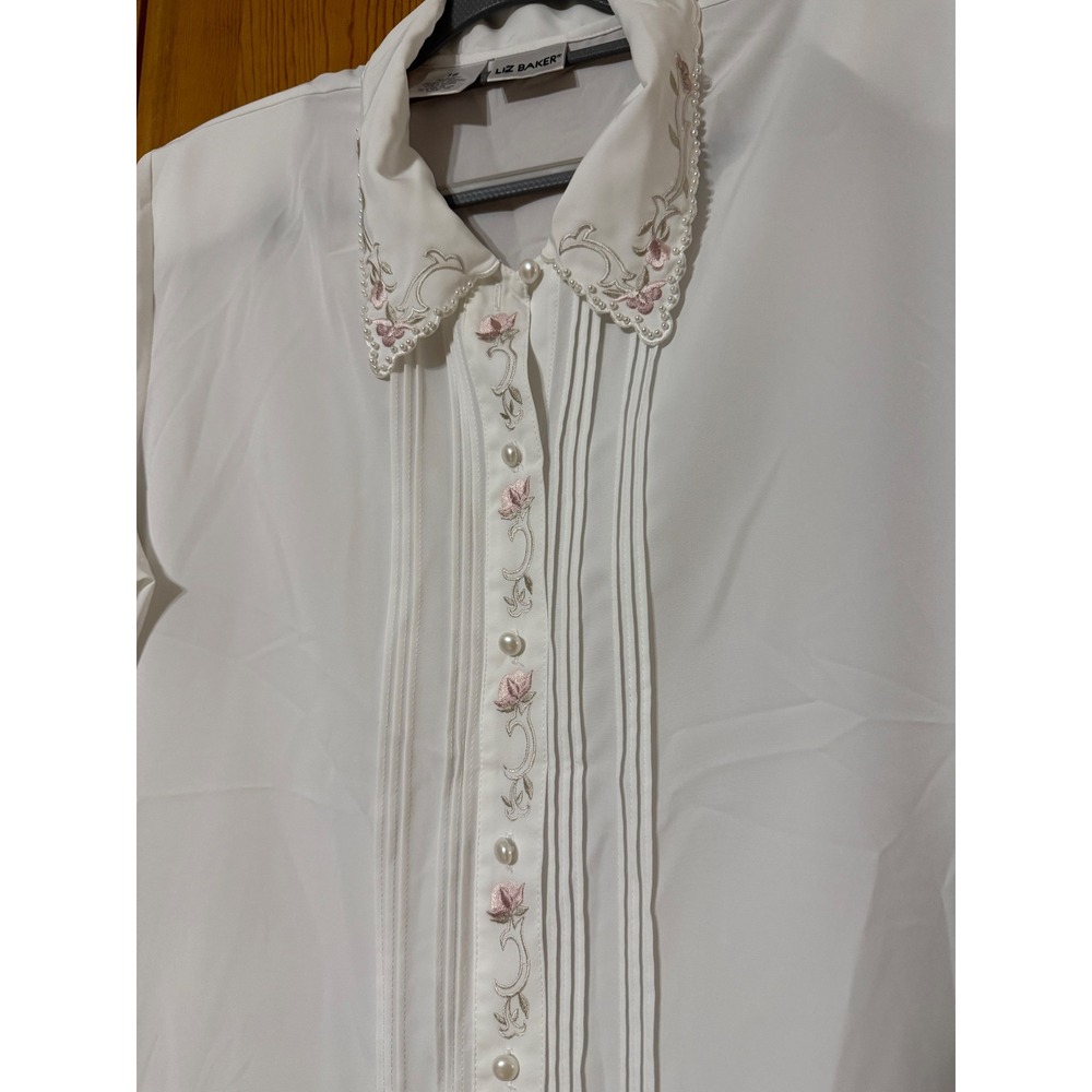 Liz Baker White Embroidered Floral Pearl Button Up Short Sleeve Blouse Women 16 - Picture 2 of 7